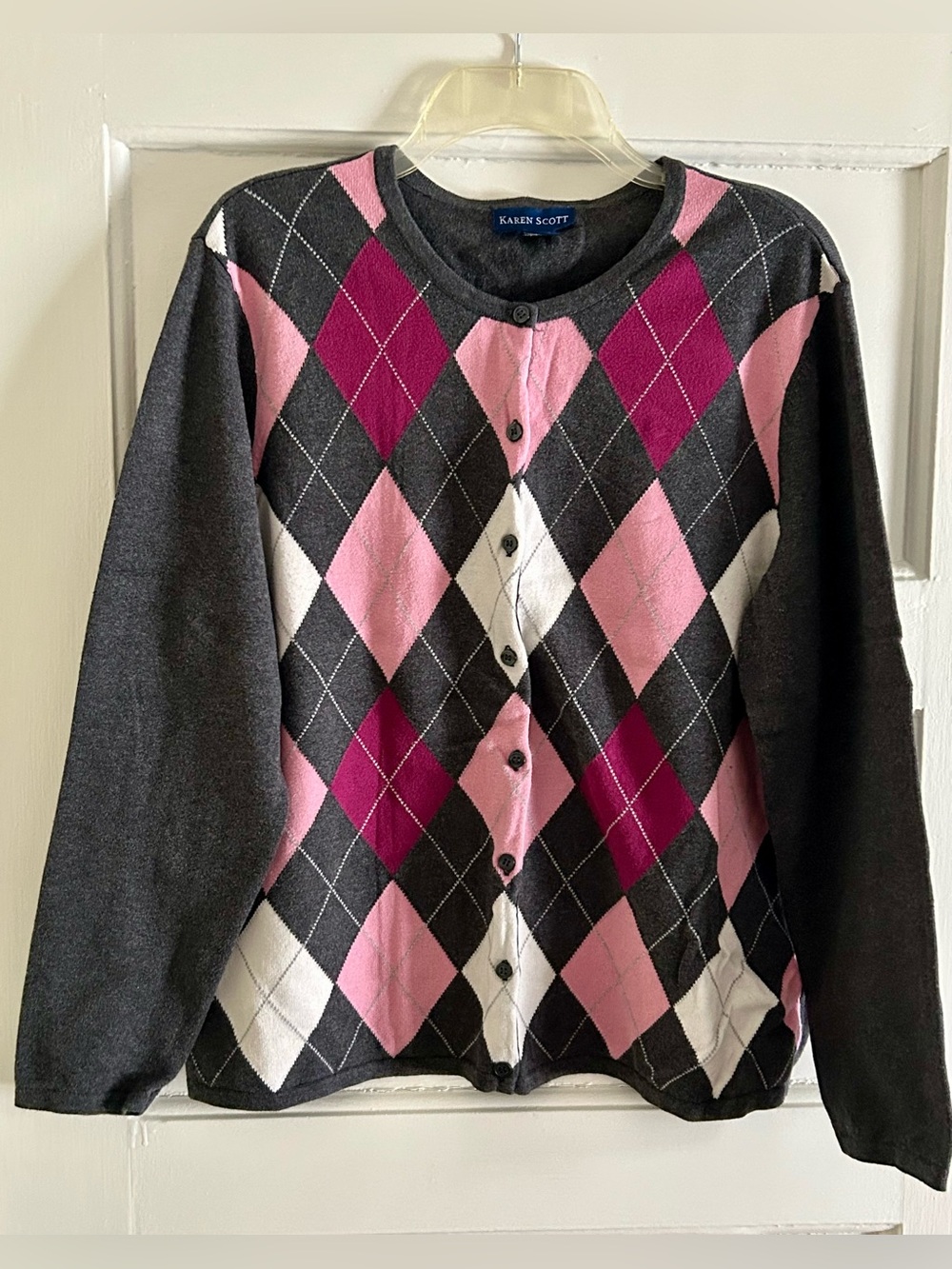 Karen Scott Charcoal and Pink Argyle Button Cardigan size Large